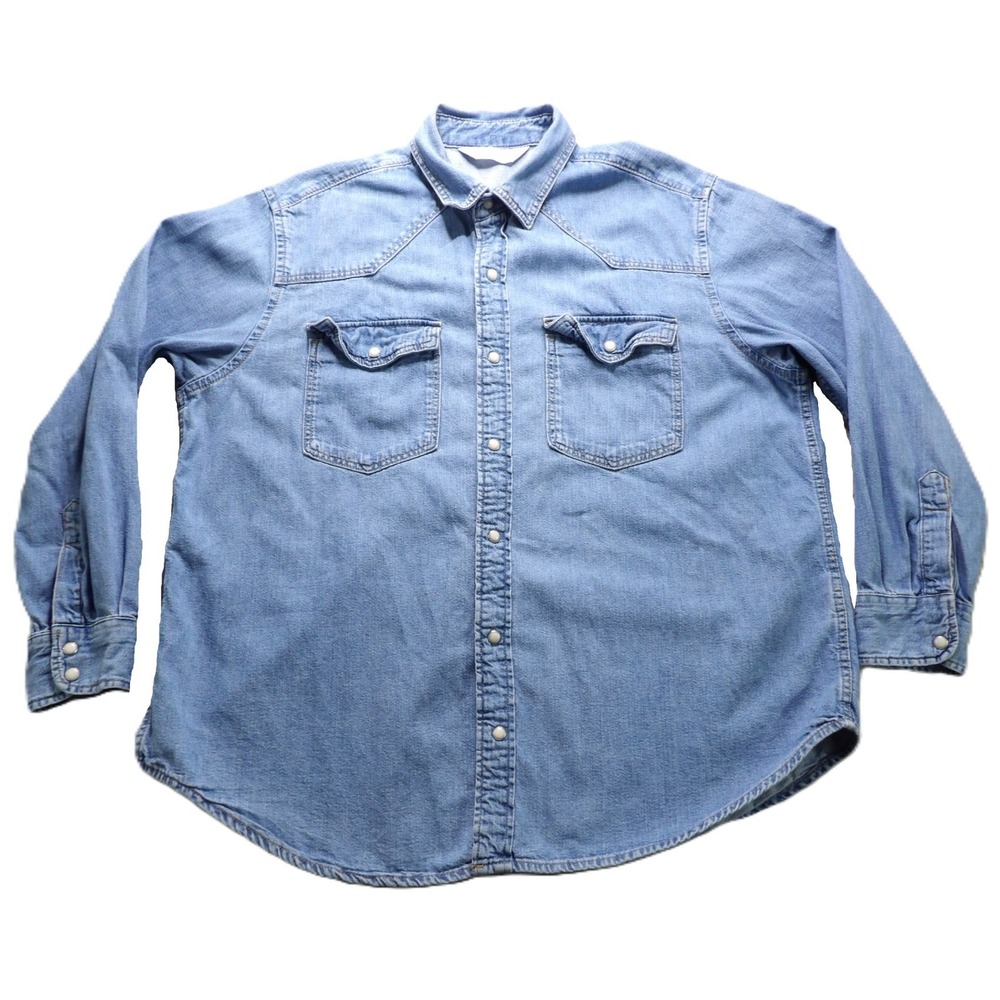 & Denim Western Shirt Men Medium Blue Long Sleeve Pearl Snap Denim Cotton Casual